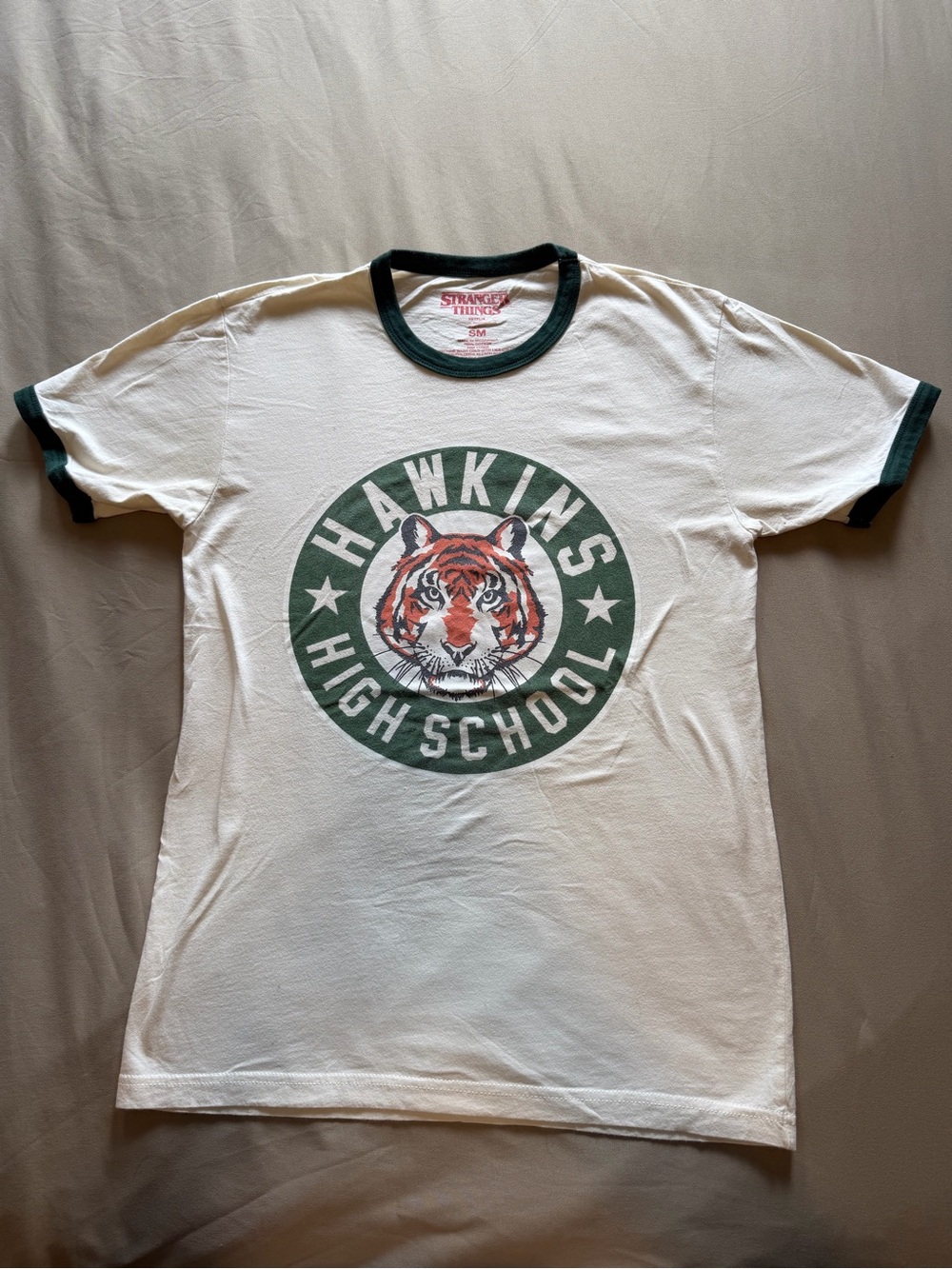 Stranger Things Hawkins High School White Ringer Tee with Dark Green Trim Small